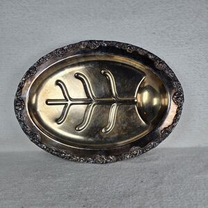 RARE Vintage Silverplate Footed Meat Tray Roses Vines Leaves Design 16x12 Inches